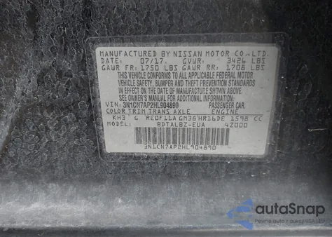 2017 Nissan Versa 1.6 Sv from USA, damaged, VIN 3N1CN7AP2HL904890